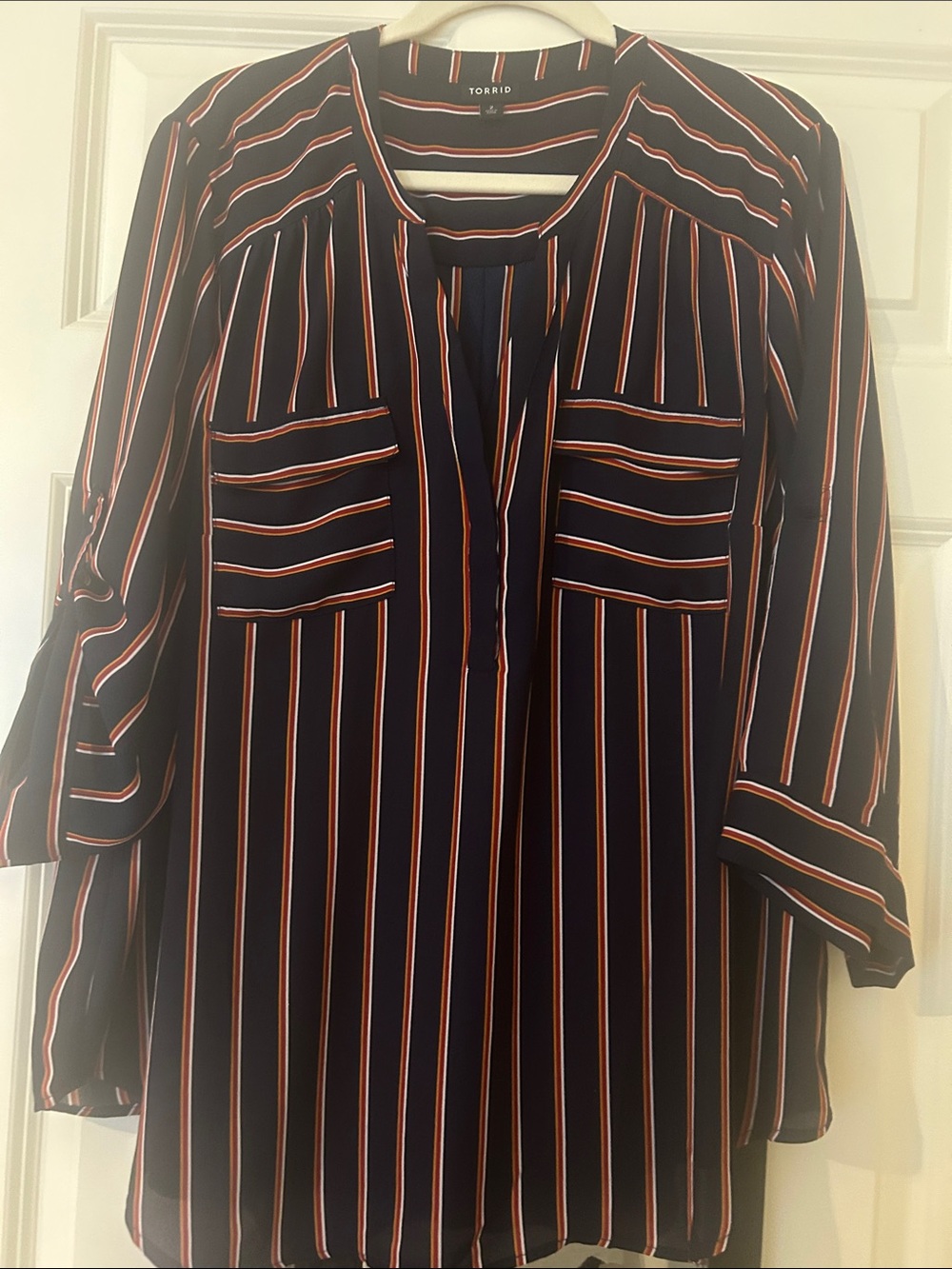 Torrid Size 2 Navy Striped long sleeve blouse with white red & orange stripes